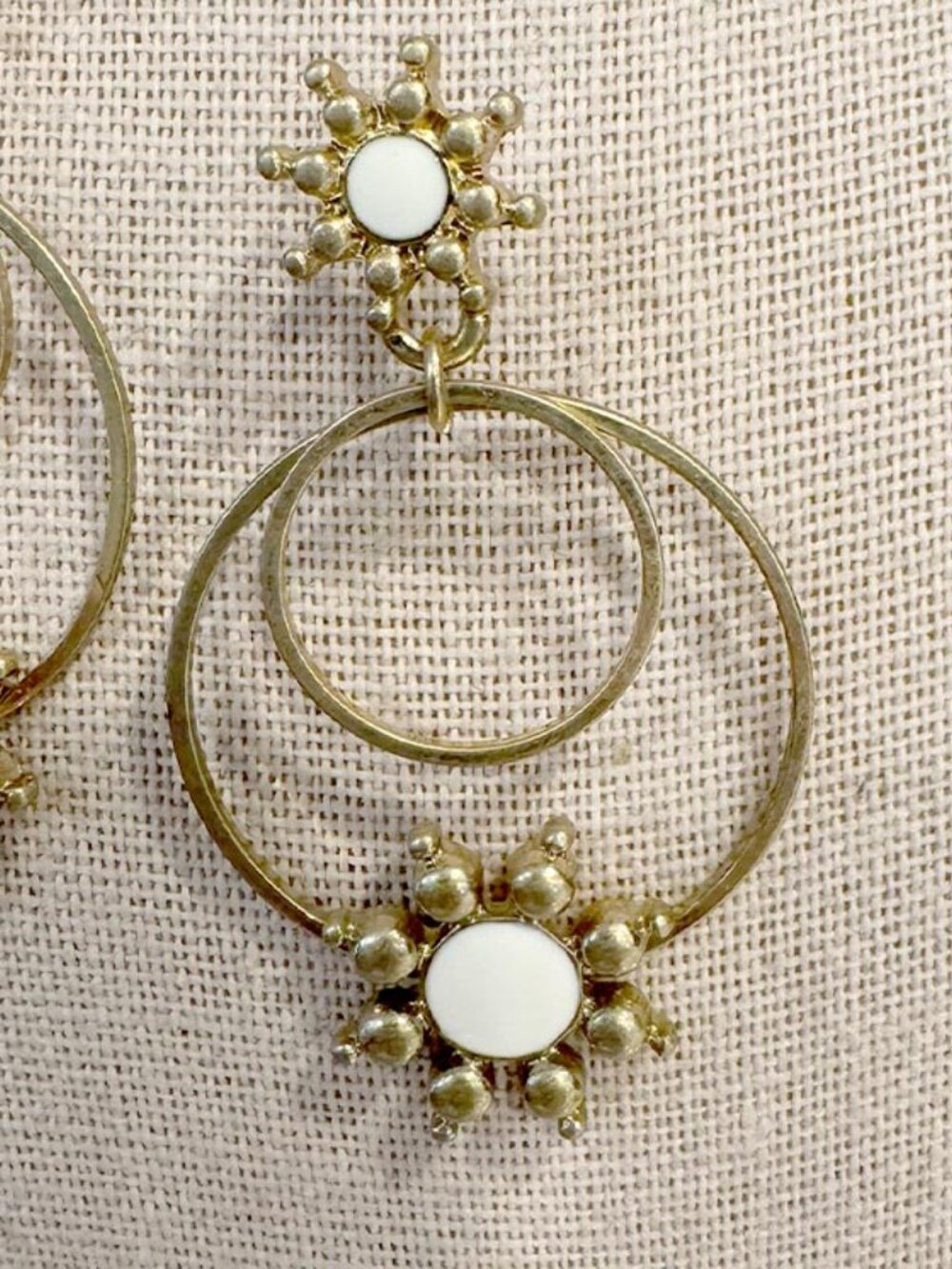 Gold and White Sun Starburst Drop Dangle Earrings - Picture 2 of 4